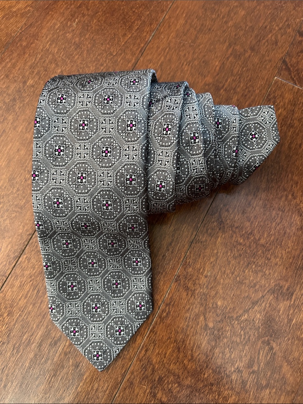 Robert Talbott Gray 100% Silk Woven Tie with Pink Dot Medallions